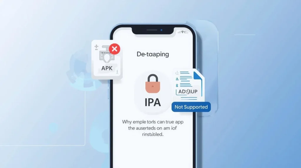 iPhone screen showing blocked installation of unsigned apps, with APK and IPA formats denied, illustrating why AetherSX2 emulator cannot be installed on iOS devices.