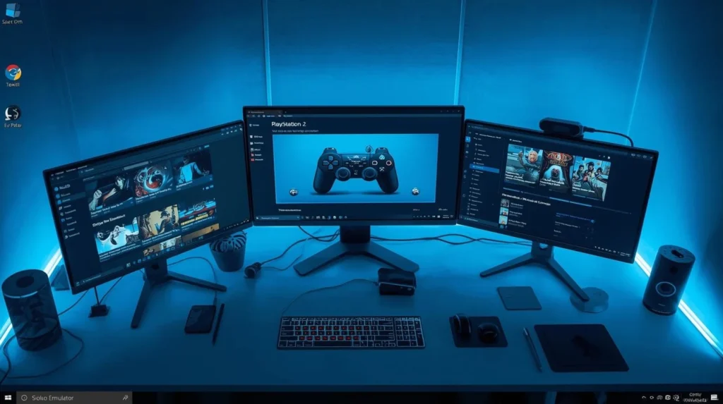 Windows 10 desktop running Android emulator windows with AetherSX2 APK loaded, showing setup visuals for graphics, controls, and cross-platform gameplay.